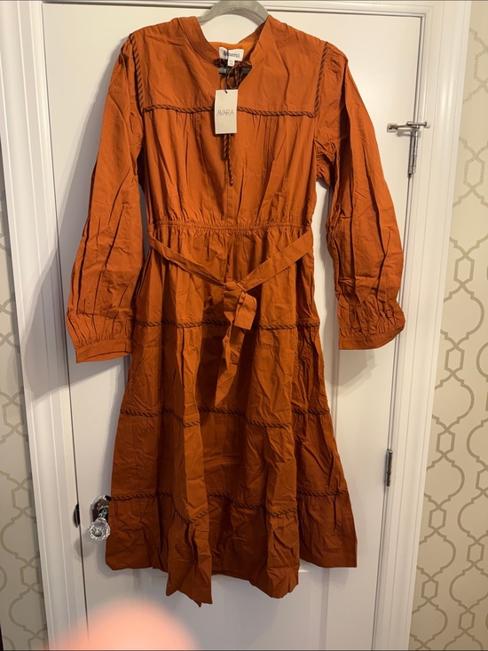Avara Dresses & Skirts - Rust Orange Tiered Long Sleeve Midi Dress with Waist Tie by AVARA